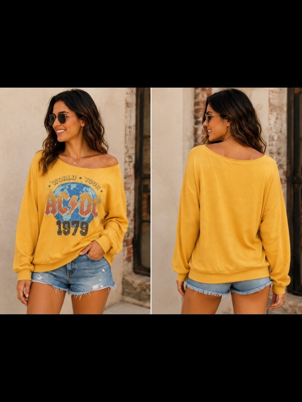 AC/DC ~ Yellow 1979 World Tour Cut-Neck | Oversized | Upcycled Sweatshirt XS